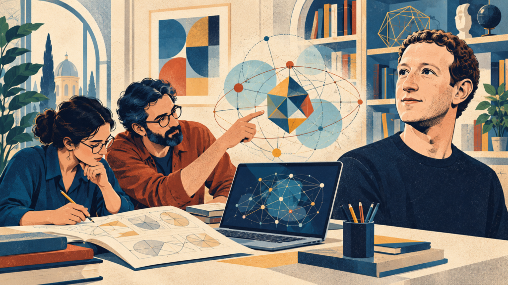باحثان يراجعان رسومات هندسية أمام حاسوب محمول، وبجوارهما رجل وخلفهم رفوف كتب.