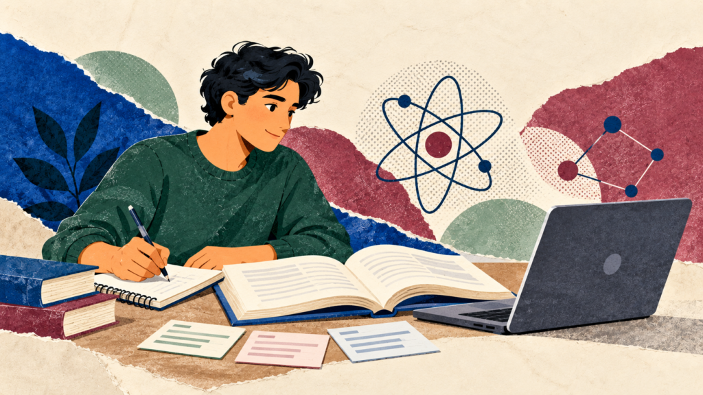 طالب يكتب في دفتر أمام كتاب مفتوح وحاسوب، مع بطاقات مراجعة ورموز علمية على خلفية من قصاصات الورق.